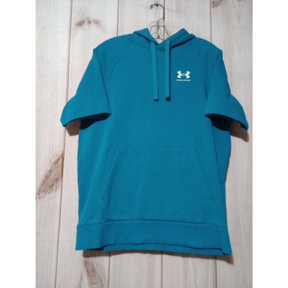 Under Armour Mens Short Sleeve Hoodie Teal Blue Fleece Pullover Medium MD Loose